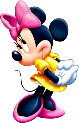 Hình ảnh Minnie Mouse hoạt hình đáng yêu mặc váy chấm bi vàng, nơ hồng lớn và giày hồng, đứng nghiêng.