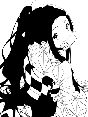 Hình ảnh Nezuko Kamado, nhân vật anime dễ thương với bím tóc dài, băng đô và miếng ngậm tre, mặc kimono họa tiết độc đáo.