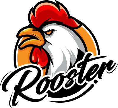 Hình ảnh đầu gà trống trắng đỏ cam phong cách mascot với chữ Rooster