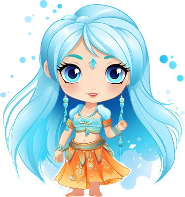 Hình ảnh cô gái chibi tóc xanh dương, mắt to, mặc trang phục thổ cẩm màu cam và xanh, nền xám.