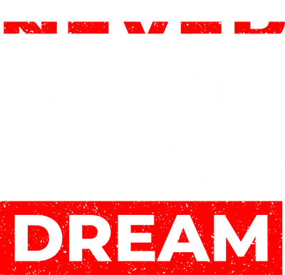 Dòng chữ 'Never Give Up On Your Dream' với chữ 'Never' bị gạch đỏ, font chữ trắng có hạt, nền xám.