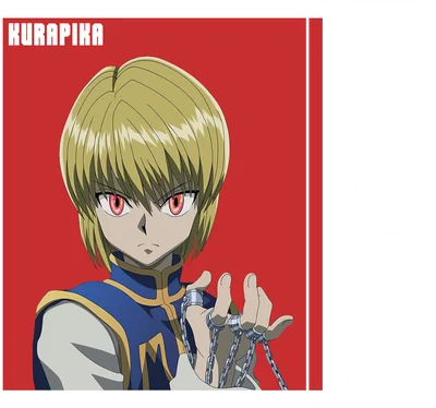 Hình ảnh nhân vật Kurapika trong anime Hunter x Hunter, tóc vàng, mắt đỏ, mặc trang phục xanh vàng, cầm xích.