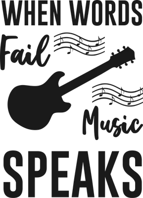 Hình ảnh chữ 'When Words Fail Music Speaks' với đàn guitar và nốt nhạc trên nền xám.