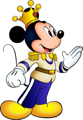Hình ảnh chú chuột Mickey trong trang phục hoàng tử màu kem, xanh dương, vàng, đội vương miện vàng và mỉm cười.
