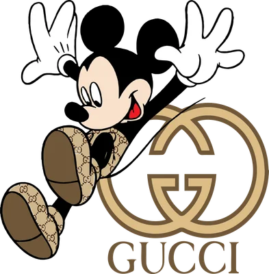 Hình ảnh hoạt hình Mickey Mouse đang nhảy múa với trang phục in họa tiết Gucci và logo Gucci lớn phía sau.
