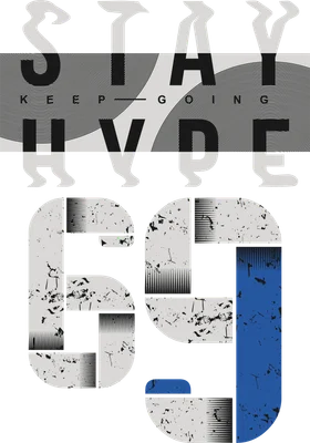 Thiết kế đồ họa chữ "STAY HYDE" với font chữ lớn, phong cách retro, có hiệu ứng texture và màu xám, đen, trắng, xanh dương.