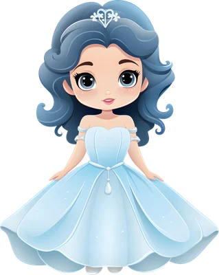 Hình minh họa công chúa chibi tóc xanh dương, váy xanh nhạt, đội vương miện bạc, phong cách hoạt hình đáng yêu.