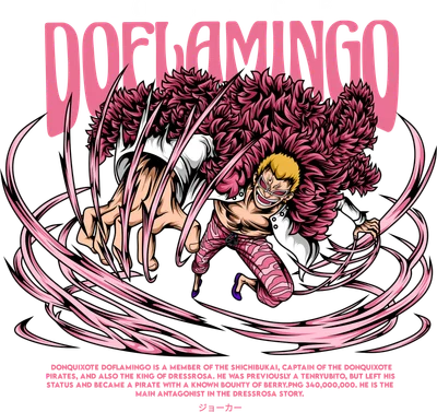 Hình ảnh Donquixote Doflamingo từ One Piece với mái tóc vàng, áo khoác trắng, quần hồng và hiệu ứng dây hồng.