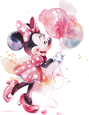 Minnie Mouse hoạt hình dễ thương vẽ màu nước, mặc váy chấm bi hồng, cầm chùm bóng bay màu pastel.