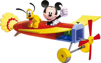 Mickey Mouse và Pluto hoạt hình vui vẻ bay trên máy bay đồ chơi màu đỏ vàng, Mickey giơ ngón cái, Pluto lè lưỡi.
