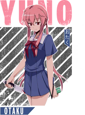 Hình ảnh Yuno Gasai, nhân vật anime tóc hồng, mặc đồng phục, cầm dao