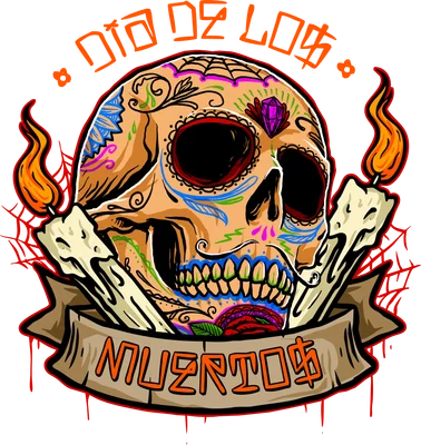 Hình ảnh đầu lâu Sugar Skull được trang trí sặc sỡ với hoa văn, nến cháy và dải băng có chữ.