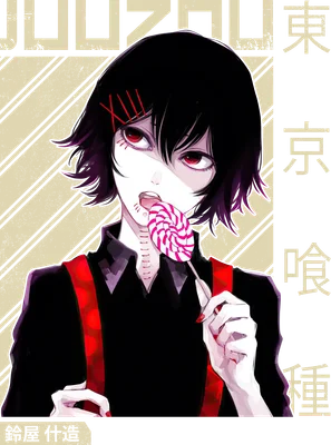 Hình ảnh anime cô gái tóc đen, mắt đỏ, đeo nơ đỏ, ngậm kẹo mút sọc hồng trắng.