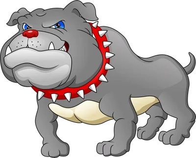 Hình vẽ hoạt hình chó Bulldog màu xám với cơ bắp cuồn cuộn, đeo vòng cổ đỏ có gai nhọn, biểu cảm dữ tợn.