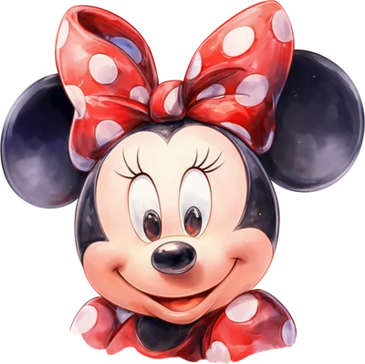 Hình ảnh Minnie Mouse hoạt hình đáng yêu, mỉm cười với nơ và váy chấm bi đỏ trắng.