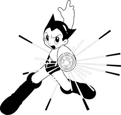 Hình ảnh Astro Boy trong tư thế tấn công, phát ra tia năng lượng từ ngực, phong cách hoạt hình cổ điển.