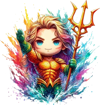 Hình ảnh chibi Aquaman với tóc vàng, bộ giáp vảy cam xanh, cầm đinh ba vàng, bao quanh bởi hiệu ứng màu nước và sóng biển.