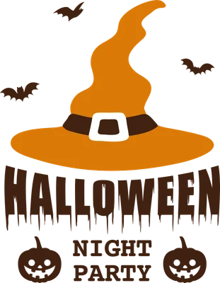 Hình ảnh mũ phù thủy màu cam với dơi và bí ngô, chữ Halloween Night Party