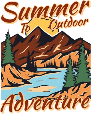 Hình minh họa phong cảnh núi rừng, sông nước, cây cối với mặt trời và chữ 'Summer To Outdoor Adventure' trên nền xám.