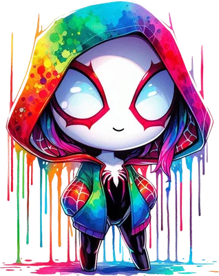 Spider-Gwen chibi đáng yêu với áo hoodie cầu vồng màu nước