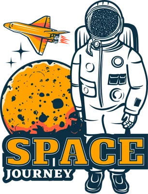 Hình minh họa phi hành gia, tàu con thoi bay qua hành tinh cam với chữ Space Journey