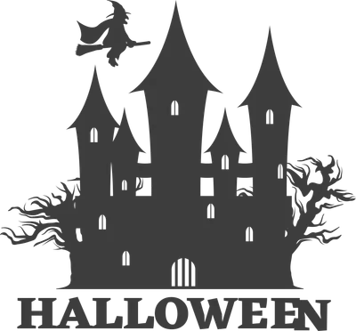 Hình ảnh lâu đài ma ám màu đen với phù thủy bay trên không trung và cây cối xơ xác, chữ Halloween ở dưới.