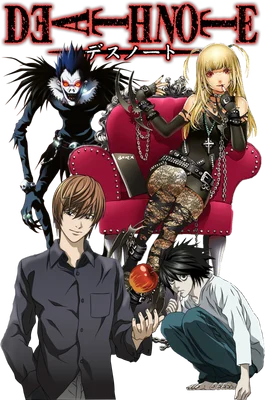 Hình ảnh minh họa các nhân vật chính trong anime Death Note: Light Yagami, L Lawliet, Misa Amane và Ryuk.