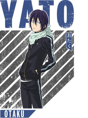 Hình vẽ nhân vật Yato trong anime Noragami, mặc bộ đồ thể thao đen, quàng khăn, với chữ YATO và OTKAU.