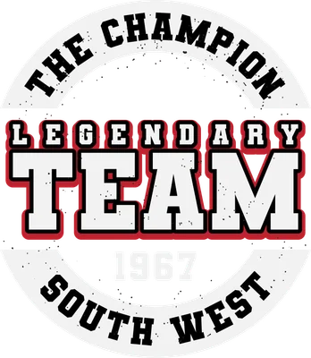 Hình in chữ phong cách thể thao cổ điển với dòng chữ 'THE CHAMPION LEGENDARY TEAM 1967 SOUTH WEST' trên nền xám.