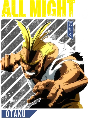 Hình ảnh All Might, Anh Hùng Số 1 của My Hero Academia, trong tư thế tấn công mạnh mẽ.