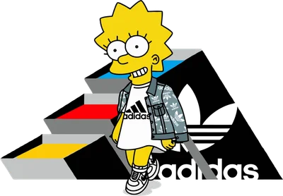 Hình ảnh Lisa Simpson mặc trang phục Adidas, đứng trước logo Adidas cách điệu.