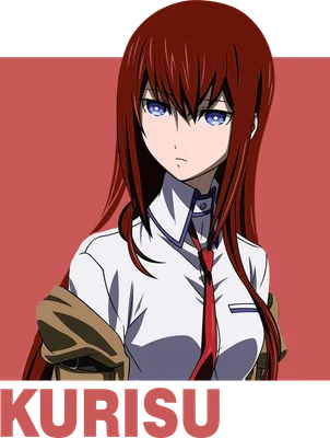 Hình minh họa anime Kurisu Makise với mái tóc đỏ dài, đôi mắt xanh và áo sơ mi trắng, đeo cà vạt đỏ.