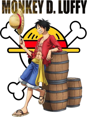 Hình ảnh Monkey D. Luffy, nhân vật anime One Piece, đội mũ rơm, đứng cạnh thùng gỗ, với biểu tượng hải tặc phía sau.