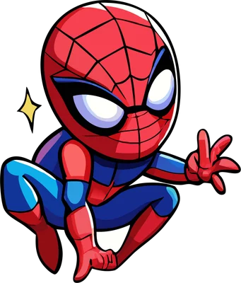 Hình ảnh Người Nhện chibi màu đỏ xanh đang ngồi xổm, giơ tay tạo dáng bắn tơ, có hiệu ứng lấp lánh.