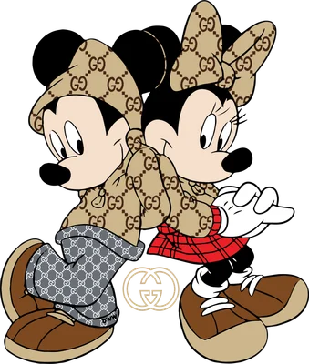 Hình ảnh Mickey và Minnie Mouse mặc trang phục in họa tiết Gucci, tạo phong cách thời trang sành điệu.