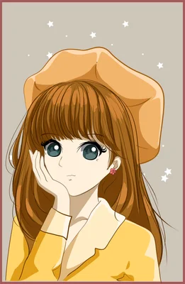 Cô gái phong cách anime tóc nâu đội mũ nồi vàng, nét vẽ minh họa dễ thương