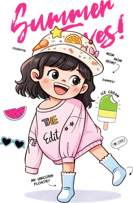 Hình vẽ cô bé hoạt hình đội mũ rộng vành, mặc áo sweater hồng, tay cầm kem, bên cạnh có dưa hấu và kính râm.