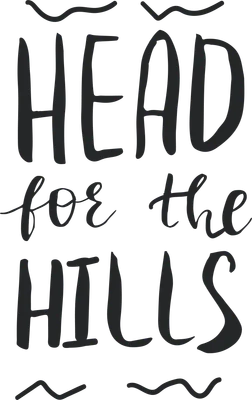 Thiết kế chữ 'Head for the Hills' theo phong cách typography màu đen trên nền xám.