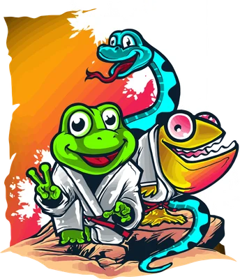 Hình minh họa ếch, rắn và tắc kè mặc võ phục karate phong cách hoạt hình