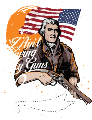 Hình ảnh Thomas Jefferson cầm súng trường, phía sau là cờ Mỹ tung bay và vòng tròn màu cam.