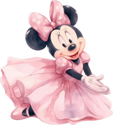 Hình ảnh Minnie Mouse hoạt hình đáng yêu mặc váy hồng chấm bi và nơ, tạo dáng vui tươi, phong cách watercolor.