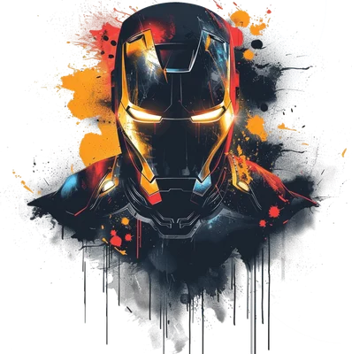 Hình ảnh Iron Man với mũ giáp màu đen, vàng và đỏ, hiệu ứng bắn màu nước và vết mực loang trên nền xám.