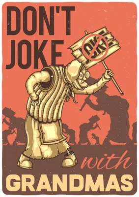 Hình ảnh minh họa một bà cụ cầm biển 'NO JOKE' với biểu cảm nghiêm nghị, phía sau là đám đông người đang diễu hành.