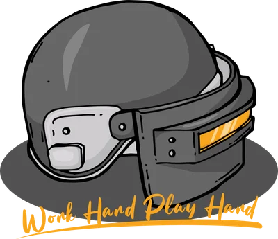 Hình vẽ mũ bảo hiểm level 3 trong game PUBG, có kính màu cam và dòng chữ 'Work Hard Play Hard'