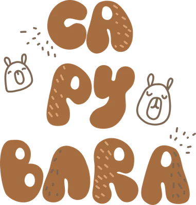 Hình minh họa chữ CAPYBARA màu nâu cam với phông chữ bong bóng, trang trí chấm và hai hình vẽ capybara nhỏ trên nền xám.