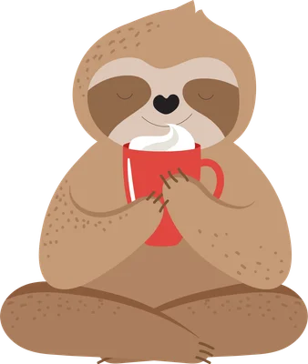 Hình ảnh minh họa chú lười biếng ngồi thiền, tay ôm ly cacao nóng với kem tươi.