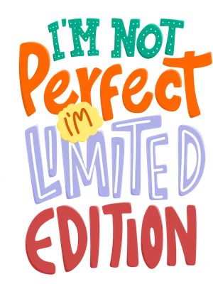 Hình ảnh chữ 'I'M NOT Perfect I'M LIMITED EDITION' nhiều màu sắc trên nền xám với các chấm trắng và lấp lánh.