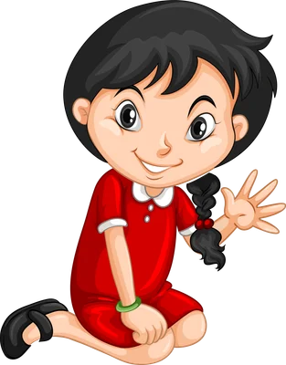 Hình ảnh hoạt hình cô bé tóc bím đen, mặc váy đỏ, đeo vòng tay xanh, đang ngồi và vẫy tay chào.