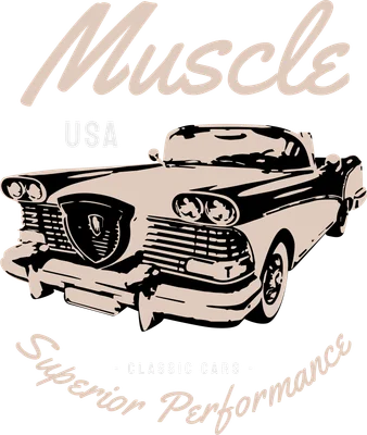 Hình minh họa xe cơ bắp cổ điển Mỹ màu be và đen trên nền xám, với chữ 'Muscle USA Superior Performance Classic Cars'.