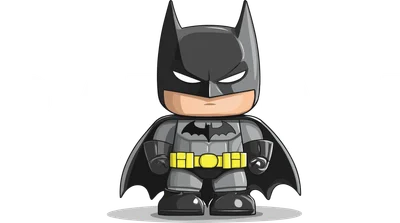 Hình ảnh Batman phiên bản chibi, mặc trang phục siêu anh hùng màu xám đen, thắt lưng vàng, đứng trên nền xám có chữ BATMAN.